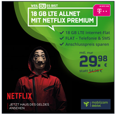 Bild zu 18GB LTE Datenflat mit SMS und Sprachflat im Telekom Netz inkl. Netflix Premium für 29,98€ im Monat