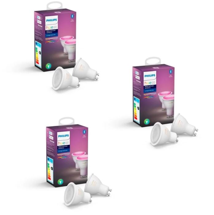 Bild zu Proshop: Philips Hue Oster Sale mit bis zu 39% Rabatt – z.B. 3 x 2 Philips Hue White and Color Ambiance GU10 5,7W(40W) Bluetooth Leuchtmittel für nur 194,49€ (VG: 210€)