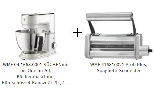 Bild zu WMF 04.1668.0001 KÜCHENminis One for All Küchenmaschine (Rührschüsselkapazität: 3 Liter, 430 Watt) für 299,99€ (VG: 360,36€) + gratis Spaghetti-Schneider