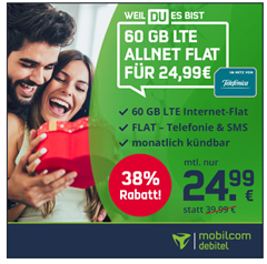 Bild zu 60GB LTE Datenflat mit SMS und Sprachflat im o2 Netz für 24,99€ im Monat–monatlich kündbar