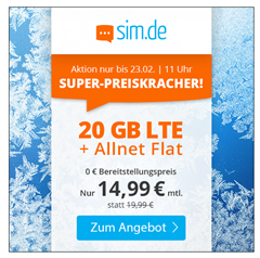 Bild zu [bis Dienstag 11 Uhr] Sim.de: o2-Netz mit 20GB LTE Datenflat, SMS und Sprachflat für 14,99€/Monat – optional ohne Mindestvertragslaufzeit