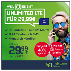 Bild zu [Top – endet um 23:59 Uhr] Allnet Flat, SMS Flat und unbegrenzte Datenflat (bis 225 Mbit) im o2 Netz für 29,99€/Monat – monatlich kündbar