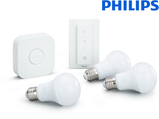 Bild zu Philips Hue-Starterkit mit drei E27-Lampen, Hue-Bidge und Dimmschalter für 75,90€ (Vergleich: 91,96€)