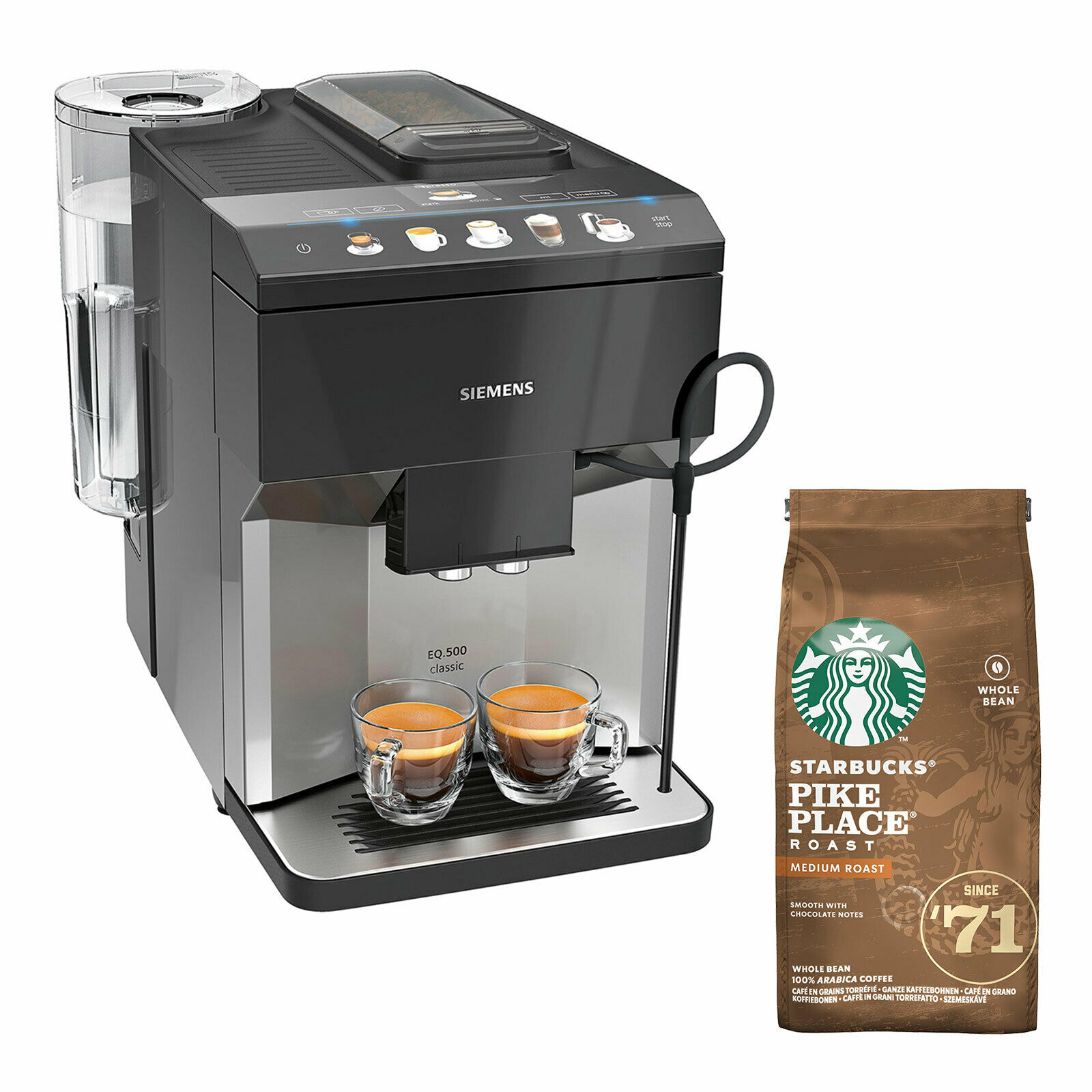 Bild zu Kaffeevollautomat Siemens TP503D04 EQ.500 Classic und 200 Gramm Starbucks Ganze Bohne Pike Place Roast für 449,91€ (Vergleich: 487,25€)