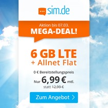 Bild zu Sim.de: o2-Netz mit 6GB LTE Datenflat, SMS und Sprachflat für 6,99€/Monat – optional ohne Mindestvertragslaufzeit