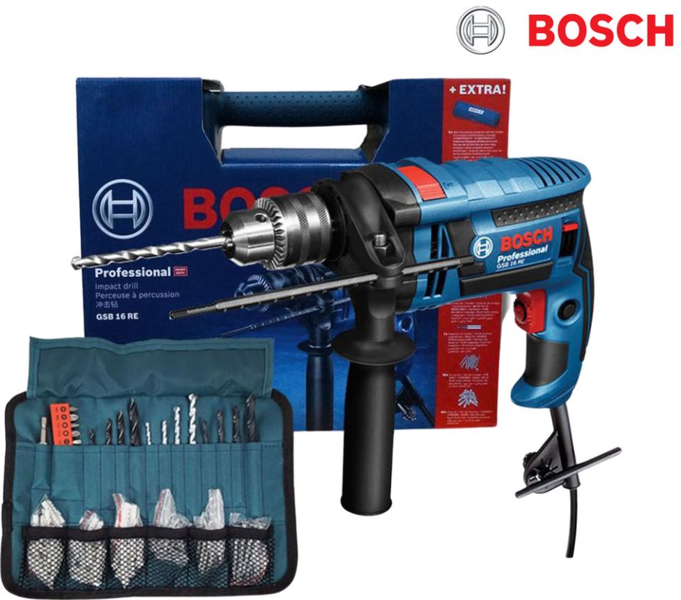 Bild zu Bosch Professional GSB 16 RE Schlagbohrmaschine für 85,90€ (VG: 113,73€) + Gürtel + Zubehör (Bohrer, Dübel) gratis