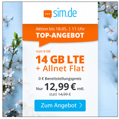 Bild zu o2 Tarif mit einer 14GB LTE Datenflat, SMS und Sprachflat für 12,99€/Monat