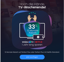 Bild zu [endet heute] waipu.tv für 8,70€/Monat (anstatt 12,99€) oder mit Netflix Standard für 16,41€ im Monat (anstatt 25,98€)