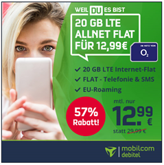 Bild zu 20GB Allnet Flat (SMS und Sprache) im o2 Netz für 12,99€/Monat