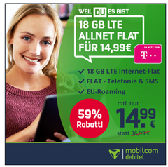 Bild zu [endet Mittwoch 18 Uhr] 18GB LTE Datenflat mit Sprach und SMS Flat im Telekom Netz für 14,99€ im Monat