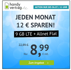 Bild zu 9 GB LTE Datenflat + Allnet Flat + VoLTE im o2 Netz für 8,99€/Monat – monatlich kündbar