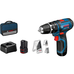 Bild zu Bosch Professional 12V System Akku Schlagbohrschrauber GSB 12V-15 (2×2,0 Ah Akku + Ladegerät, 3x Bohrer-Set, in Tasche) für 106,99€ (VG: 125,50€)