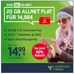 Bild zu 20GB LTE Datenflat mit SMS und Sprachflat im Vodafone Netz für 14,99€ im Monat