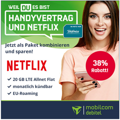 Bild zu MobilcomDebitel: monatlich kündbarer Tarif mit 20GB LTE Datenflat (bis zu 225Mbit), SMS und Sprachflat im o2 Netz + Netflix  Standard für 26,48€ im Monat