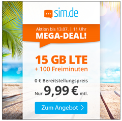 Bild zu 15GB LTE Datenflat mit 100 Freiminuten für 9,99€ im Monat–jederzeit kündbar (Frist 3 Monate)