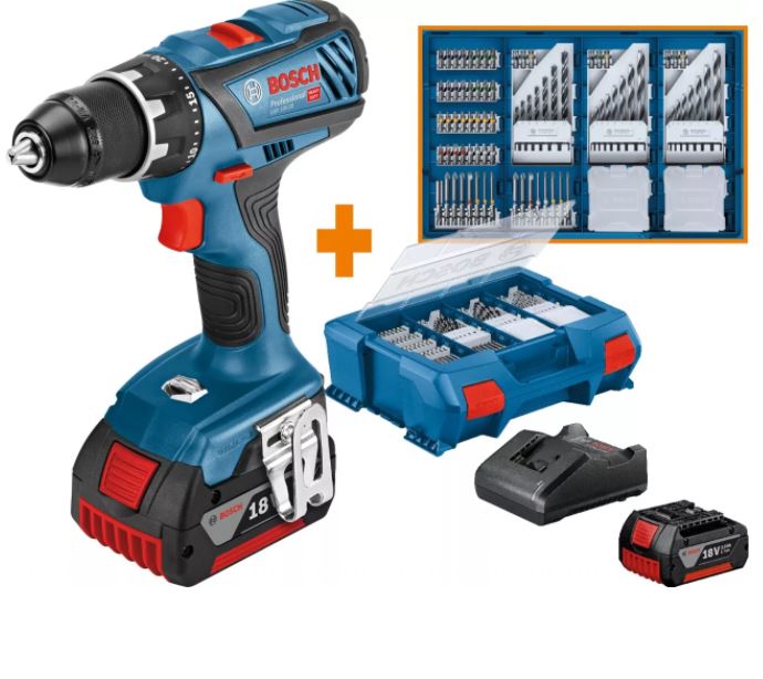 Bild zu Bosch Professional Akku-Bohrschrauber GSR18V-28 (18 V, 2x 3,0Ah Akkus, inkl. 82 Teile Zubehörset) für 229€ (VG: 259,99€)