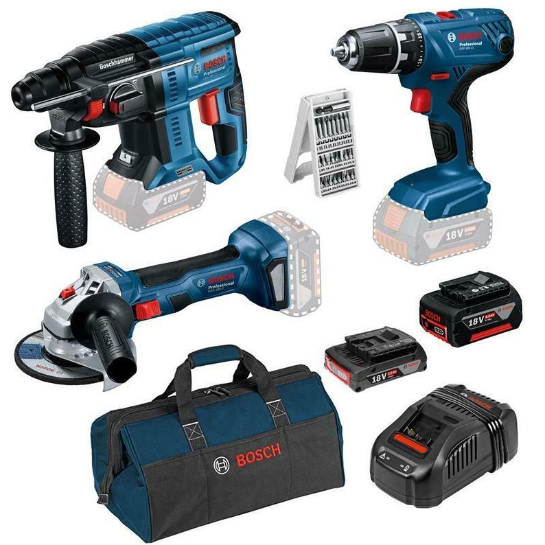 Bild zu Bosch Professional Set 18 Volt Akku (GSR 18 V-21, GBH 18 V-21, GWS 18 V-7, 2 Akkus, 25tlg. Bitset) für 329,95€ (VG: 449€)