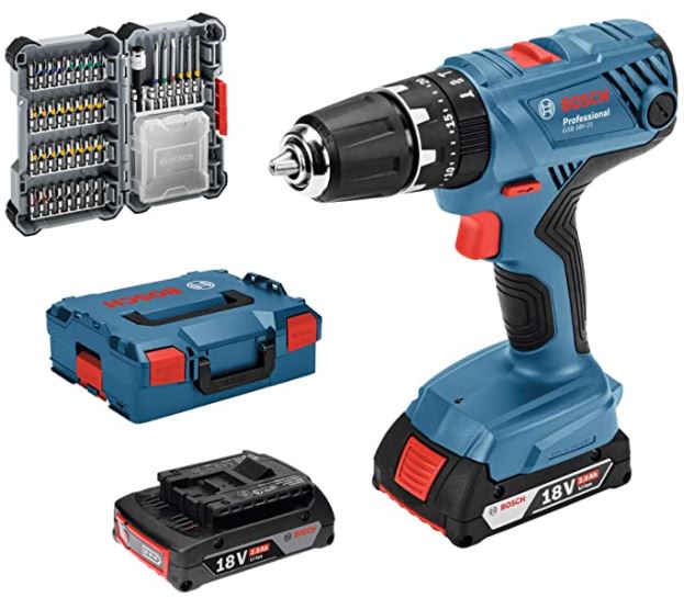 Bild zu Bosch Professional 18V Akku Schlagbohrschrauber GSB 18V-21 (inkl. 2×2,0 Ah Akku, 40tlg. Zubehör Set, in L-BOXX) für 152,99€ (VG: 197,90€)