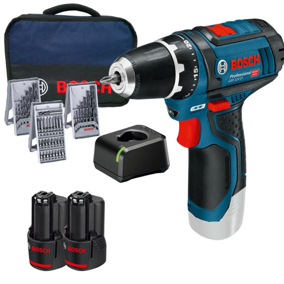 Bild zu Bosch GSR 12V-15 Akku-Bohrschrauber 2x 3,0 Ah Akku + Zubehör + Softbag Ladegerät für 109,65€ (VG: 139€)