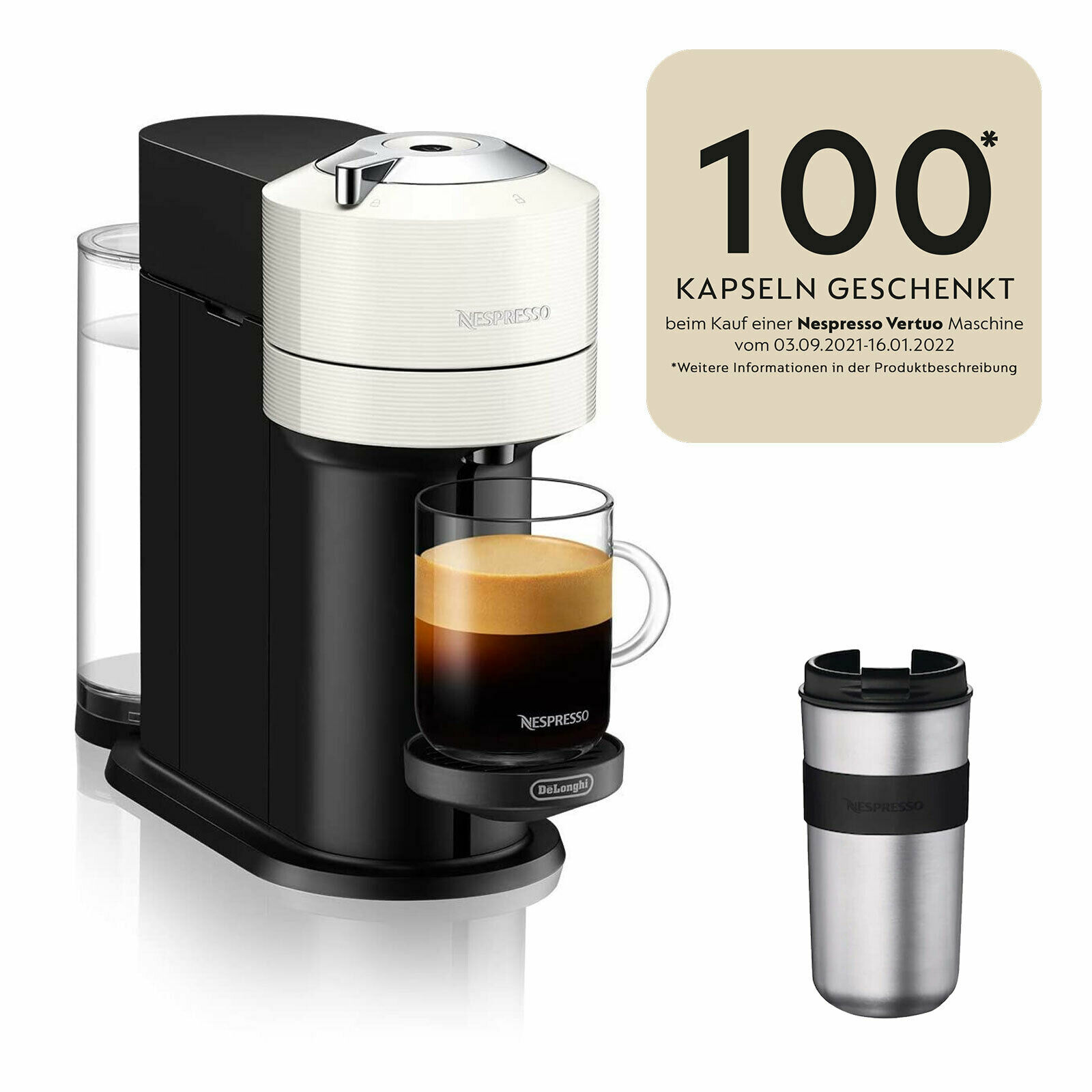 Bild zu Nespresso Kapselautomat DeLonghi ENV120.W Vertuo Next Basic + 100 Kapseln + Travel Mug 400ml für 41,93€ (Vergleich: 59,90€)