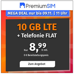 Bild zu PremiumSIM monatlich kündbarer Vertrag (3 Monate Frist) im o2-Netz mit 10 GB LTE Datenflat, SMS und Sprachflat für 8,99€/Monat