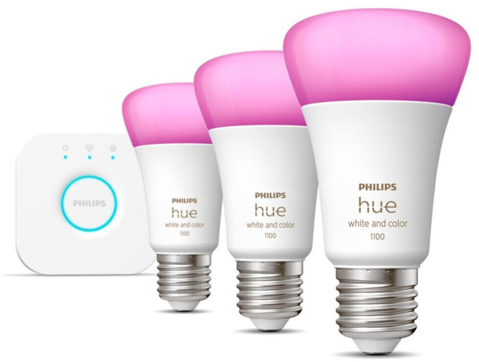 Bild zu Philips Hue White und Color Ambiance E27 LED 3er Starter Set mit Hue Bridge für 79€ (Vergleich: 149,99€)