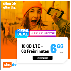 Bild zu Sim.de: 10GB LTE Datenflat (bis 50Mbit) und 60 Freiminuten im o2 Netz für 6,66€/Monat