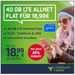 Bild zu [endet morgen] monatlich kündbar – 40GB LTE Internet (225Mbit/s) mit SMS und Sprachflat im o2 Netz für 18,99€/Monat