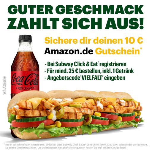 Bild zu Subway: 10€ Amazon Gutschein bei einem Kauf in Höhe von 25€ bei Subway Click & Eat