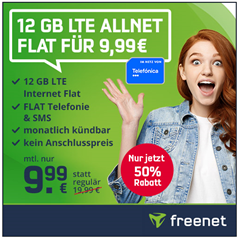 Bild zu 12GB LTE Daten (bis 50Mbit/s) inklusive SMS und Sprachflat für 9,99€/Monat – monatlich kündbar & keine Anschlussgebühr