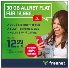 Bild zu [endet Montag] Vodafone Netz: 30GB LTE Daten (50Mbit/s) inklusive SMS und Sprachflat für 12,99€ im Monat