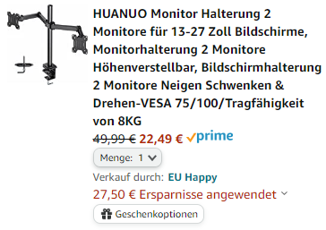 Höhenverstellbare HUANUO Monitor-Halterung für zwei 13-27 Zoll Bildschirme  für 22,49€ ›