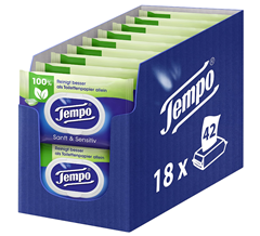 Bild zu [Super] Tempo feuchtes Toilettenpapier sanftundsensitiv Trio-Pack (18 Packungen x je 42 Blatt, wasserlöslich) für 14,31€ = 80 Cent/Packung (VG: 1,48€)