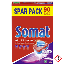 Bild zu Somat All in 1 Extra Spülmaschinen Tabs, 90 Tabs, Geschirrspül Tabs für extra kraftvolle Reinigung und Edelstahlglanz für 10,49€ (VG: 20,54€) oder 135 Stück für 15,29€