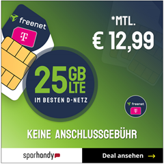 Bild zu Datentarif: 25 GB LTE Daten (bis 300Mbit/s) im Telekom Netz für 12,99€ im Monat – keine Anschlussgebühr