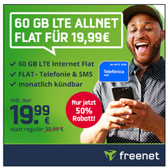 Bild zu [endet heute] 60GB LTE Allnet Flat inkl. Sprach- und SMS Flat für 19,99€/Monat – monatlich kündbar