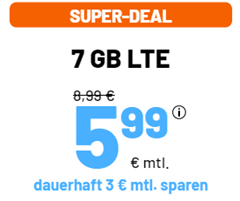 Bild zu o2 Tarif mit einer 7GB LTE Datenflat, SMS und Sprachflat für 5,99€/Monat – monatlich kündbar