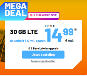 Bild zu o2 Tarif mit einer 30GB LTE Datenflat, SMS und Sprachflat für 14,99€/Monat