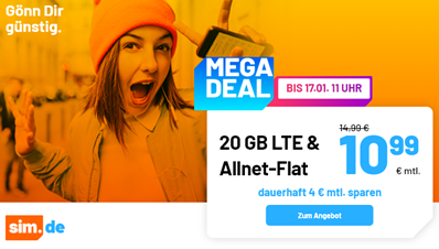 Bild zu o2 Tarif mit einer 20GB LTE Datenflat, SMS und Sprachflat für 10,99€/Monat