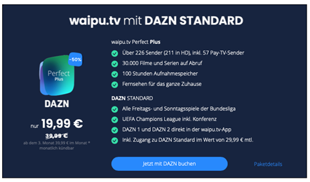 Bild zu [endet heute] waipuTV Perfect Plus inkl. DAZN Standard die ersten 2 Monate für je 19,99€ (danach 39,99€) –  monatlich kündbar