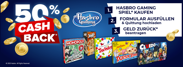 Bild zu [endet heute] Hasbro: 50% Cashback auf Spiele wie z.B. Monopoly, Henga, Cluedo usw.!