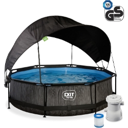 Bild zu EXIT Toys Black Wood Pool mit Sonnensegel – ø300x76cm – Runder Rahmenpool mit Kartuschenfilterpumpe für 189€ (VG: 299€)