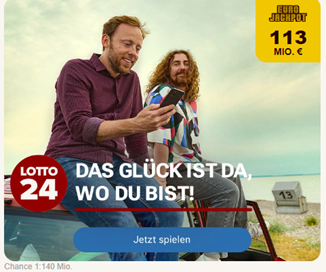 Bild zu Annahmeschluss 18:35 Uhr: 2 Felder für 1€ oder 3 Felder EuroJackpot für 3€ (anstatt 6,60€) für Neukunden – 113 Millionen im Jackpot