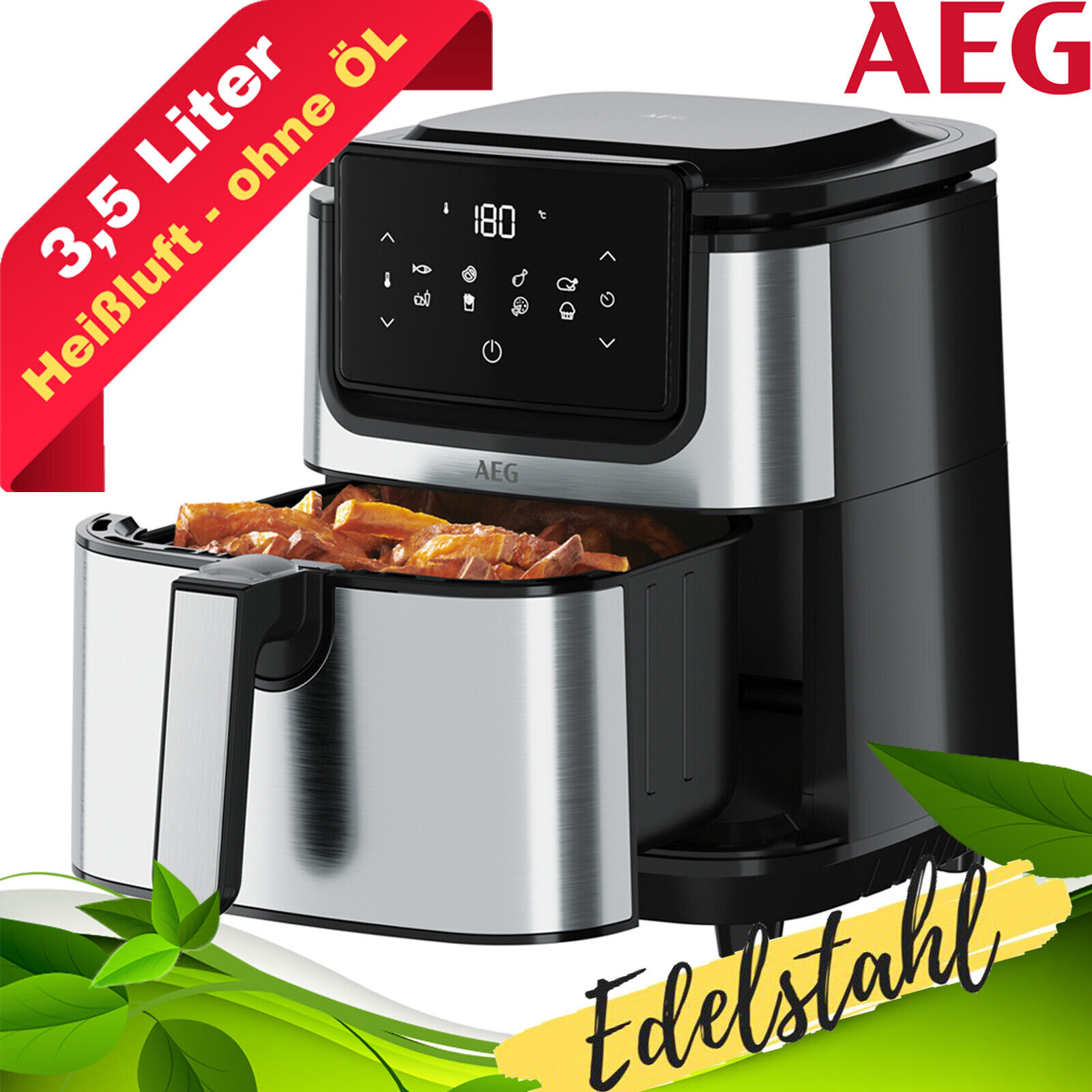 Bild zu 3,5 Liter Heiß­luft­frit­teu­se AEG AF6-1-4ST mit Touch-Dis­play für 69,99€ (Vergleich: 89€)