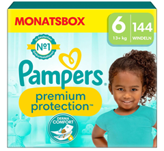 Bild zu Pampers Baby Windeln Größe 6 (13kg+) Premium Protection, Extra Large, MONATSBOX, bester Komfort und Schutz für empfindliche Haut, 144 Stück für 42,88€