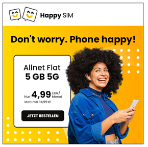 Bild zu HappySIM: neue Tarife im o2 Netz, so z.B. 15GB 5G Daten, SMS und Sprachflat für 7,99€/Monat – auf Wunsch monatlich kündbar (bei 24 Monaten gibt es 6 Monate geschenkt)