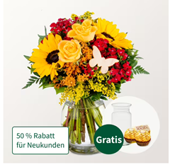 Bild zu FloraPrima: Blumenstrauß Sommergefühl inkl. Vase & 2 Ferrero Rocher für 20,98€ (statt 35,98€) – nur Neukunden