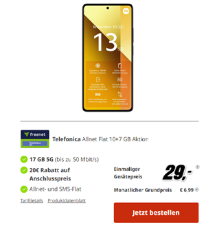 Bild zu [Top] Xiaomi Redmi Note 13 5G für 29€ mit 17GB 5G Daten, SMS und Sprachflat im o2 Netz für 6,99€/Monat + nur 19,99€ Anschlussgebühr