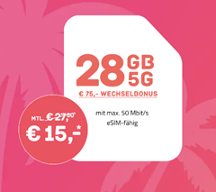 Bild zu 28GB 5G Daten (bis 50Mbit), SMS und Allnet-Flat im Telekom Netz für 15€/Monat + 75€ Wechselbonus