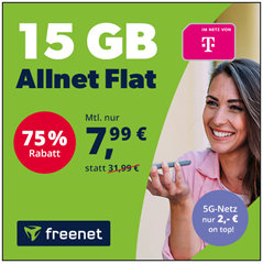 Bild zu Freenet: 15GB LTE Datenflat und Sprachflat im Telekom Netz für 7,99€/Monat (alternativ mit 5G für 9,99€/Monat) + kein Anschlusspreis